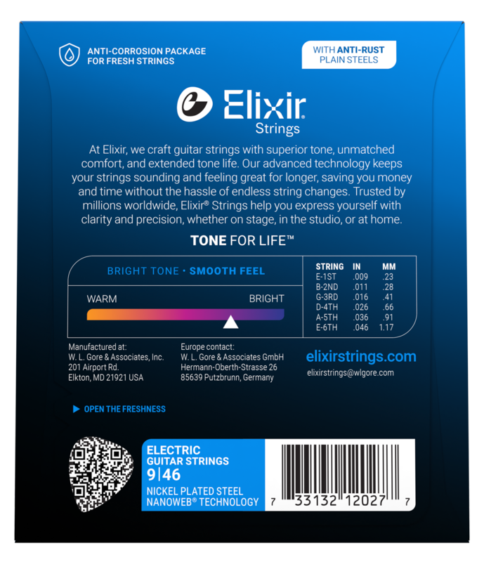 Elixir Electric Guitar Strings, NANOWEB, Custom Light (.009-.046)