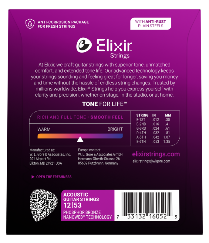 Elixir Phosphor Bronze Acoustic Guitar Strings, NANOWEB, Light (.012-.053)