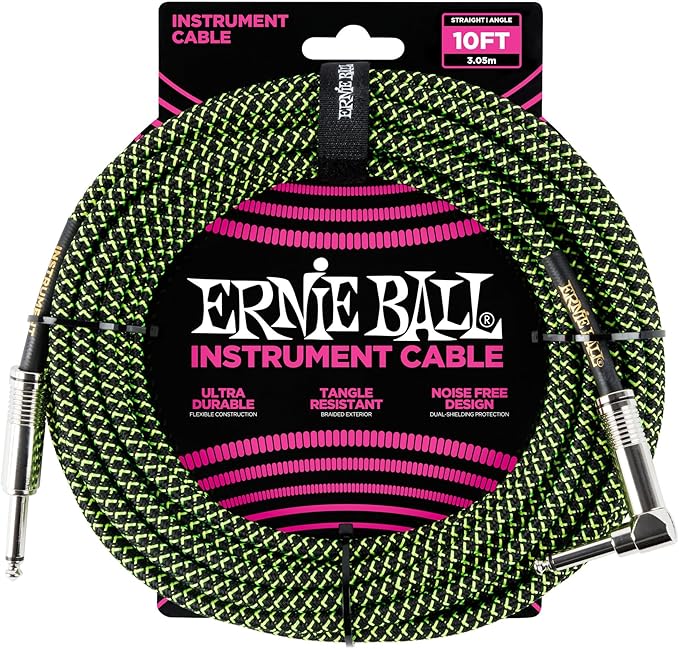 Ernie Ball Braided Instrument Cable, Straight/Angle, 10ft, Neon Green/Black