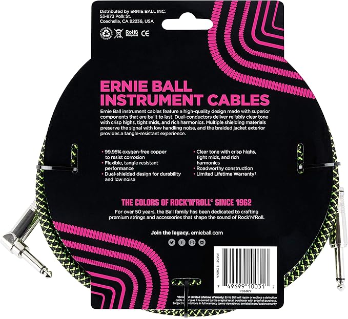 Ernie Ball Braided Instrument Cable, Straight/Angle, 10ft, Neon Green/Black