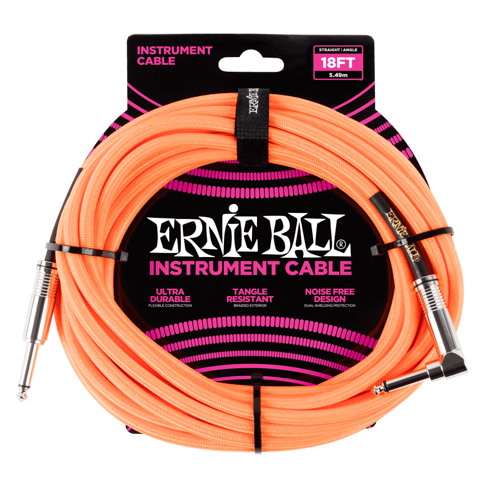 Ernie Ball Braided Instrument Cable Straight/Angle 18ft - Neon Orange