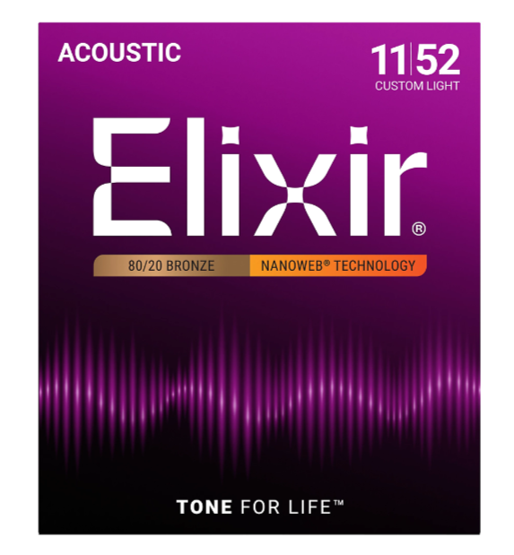 Elixir 80/20 Bronze Acoustic Guitar Strings With NANOWEB Coating, Custom Light (11-52)