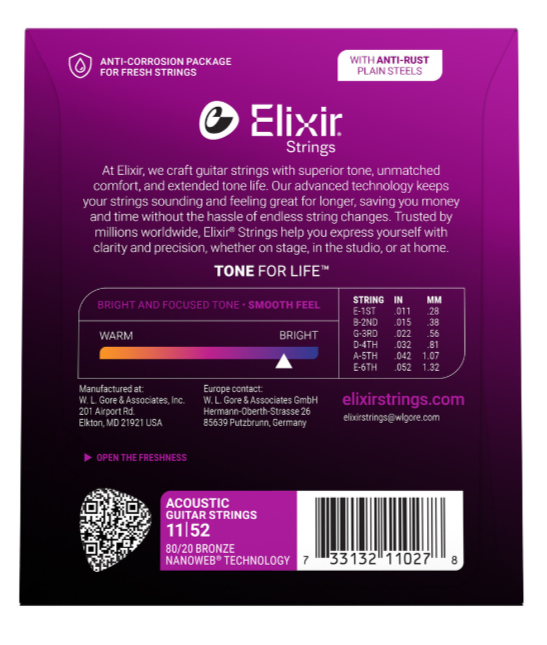 Elixir 80/20 Bronze Acoustic Guitar Strings With NANOWEB Coating, Custom Light (11-52)