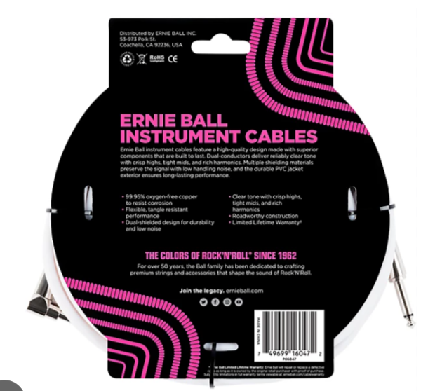 Ernie Ball Straight-Angle Instrument Cable - White 20 ft.