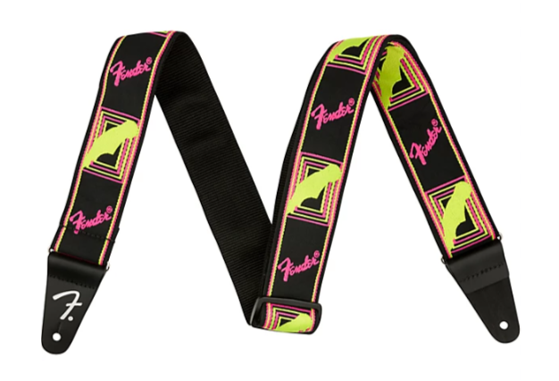 Fender Neon Monogrammed Strap with yellow and pink design