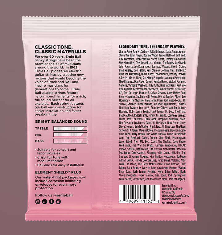 Ernie Ball 2330 Low G Ukulele Strings for Concert/Tenor - Clear Nylon