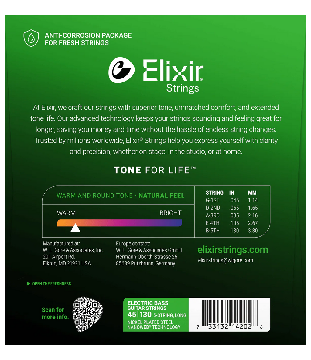 Elixir Nanoweb 5-String Bass Set, Nickel, Light 45-130